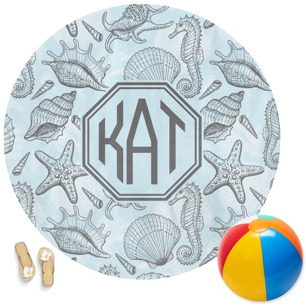 Custom Sea-blue Seashells Round Beach Towel (Personalized)