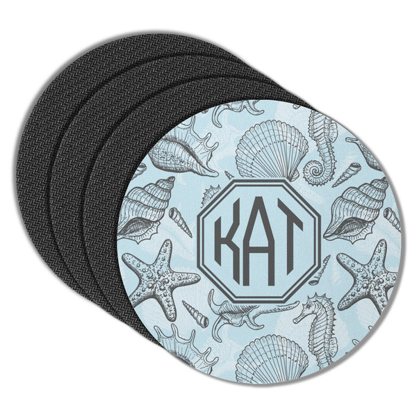 Custom Sea-blue Seashells Round Rubber Backed Coasters - Set of 4 (Personalized)