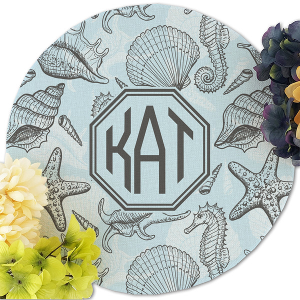 Sea-blue Seashells Round Linen Placemats - Front (w flowers)