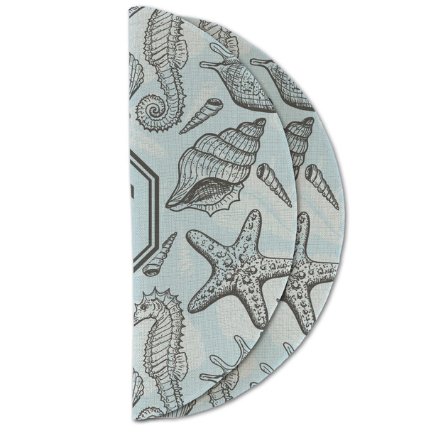 Sea-blue Seashells Round Linen Placemats - HALF FOLDED (double sided)