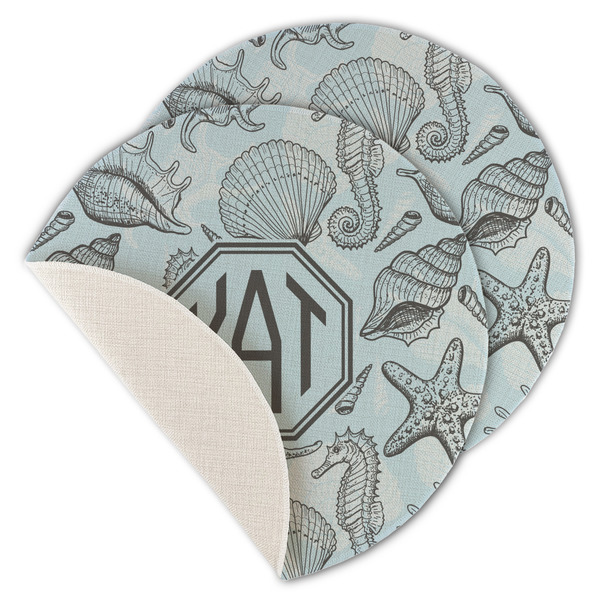 Custom Sea-blue Seashells Round Linen Placemat - Single Sided - Set of 4 (Personalized)