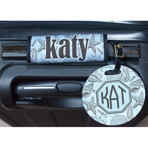 Sea-blue Seashells Round Luggage Tag & Handle Wrap - In Context