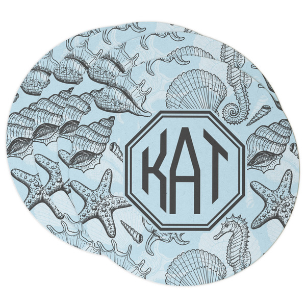 Custom Sea-blue Seashells Round Paper Coasters w/ Monograms