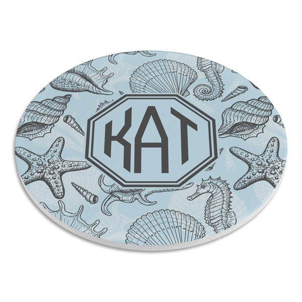 Sea-blue Seashells Round Stone Trivet - Angle View