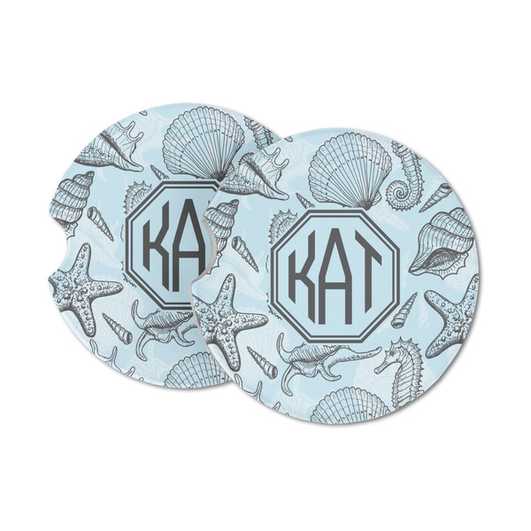 Custom Sea-blue Seashells Sandstone Car Coasters - Set of 2 (Personalized)