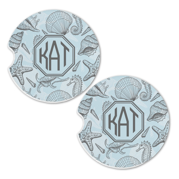Sea-blue Seashells Sandstone Car Coasters - Set of 2