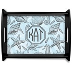 Sea-blue Seashells Black Wooden Tray - Large (Personalized)