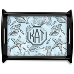 Sea-blue Seashells Black Wooden Tray - Large (Personalized)
