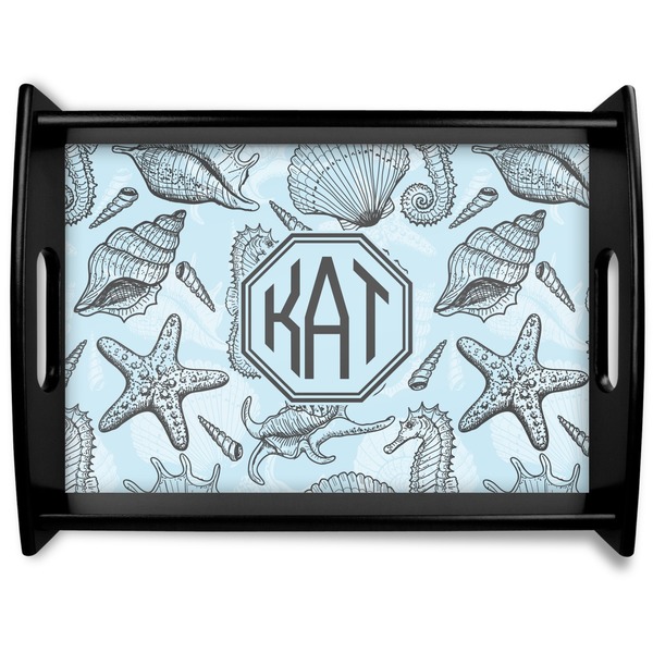 Custom Sea-blue Seashells Black Wooden Tray - Large (Personalized)