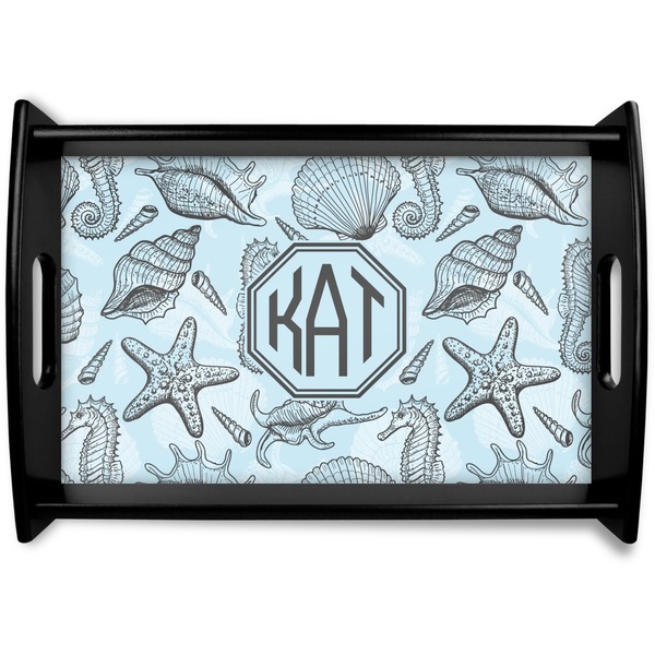 Custom Sea-blue Seashells Black Wooden Tray - Small (Personalized)