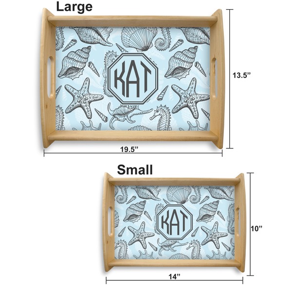 Sea-blue Seashells Serving Tray Wood Sizes