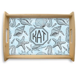 Sea-blue Seashells Natural Wooden Tray - Small (Personalized)