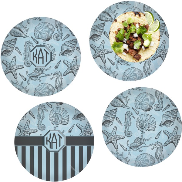 Custom Sea-blue Seashells Set of 4 Glass Lunch / Dinner Plate 10" (Personalized)