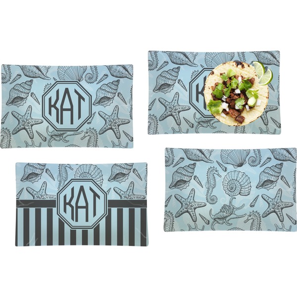 Custom Sea-blue Seashells Set of 4 Glass Rectangular Lunch / Dinner Plate (Personalized)