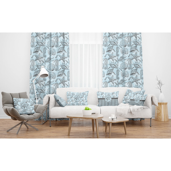 Sea-blue Seashells Sheer and Custom Curtains in Room with Matching Pillows