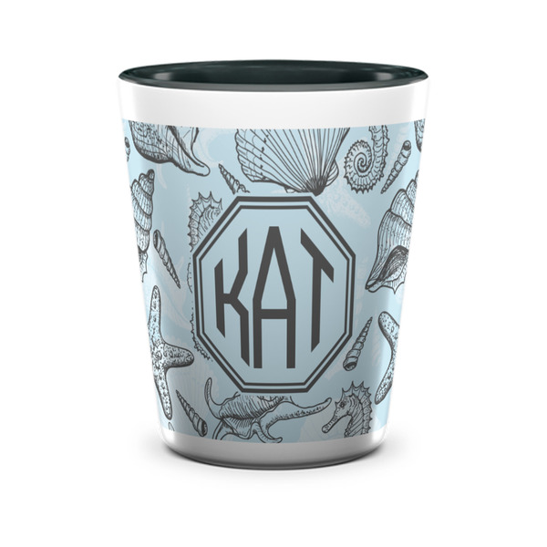 Custom Sea-blue Seashells Ceramic Shot Glass - 1.5 oz - Two Tone - Single (Personalized)
