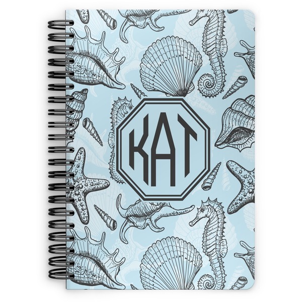 Custom Sea-blue Seashells Spiral Notebook - 7x10 w/ Monogram