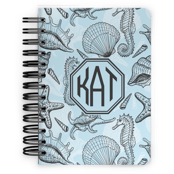 Custom Sea-blue Seashells Spiral Notebook - 5x7 w/ Monogram