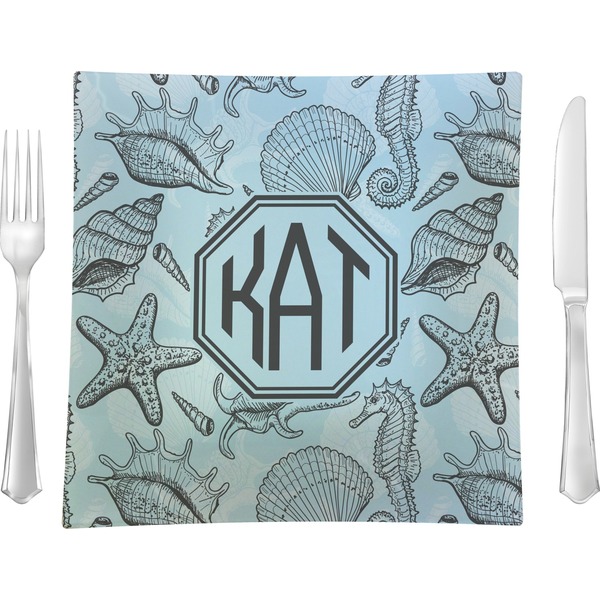 Custom Sea-blue Seashells Glass Square Lunch / Dinner Plate 9.5" (Personalized)