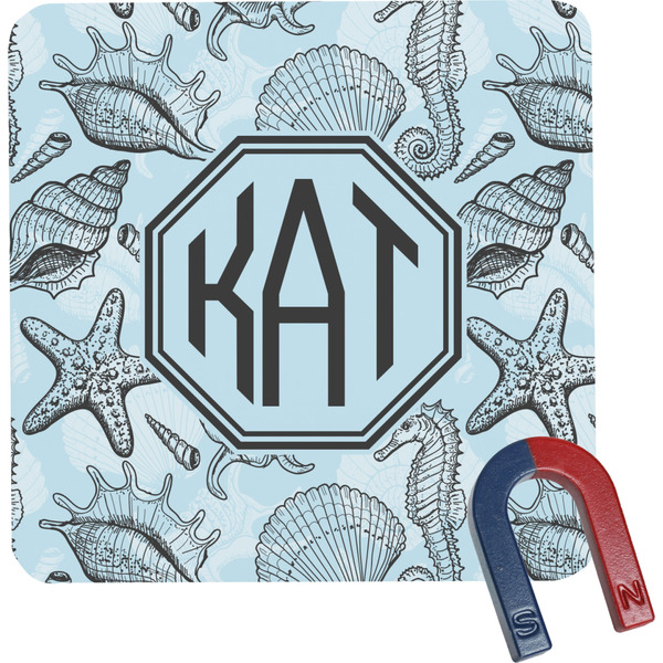 Custom Sea-blue Seashells Square Fridge Magnet (Personalized)