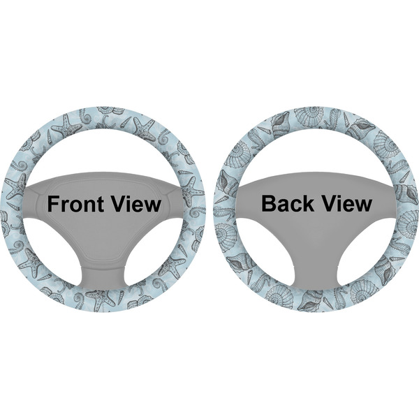 Sea-blue Seashells Steering Wheel Cover- Front and Back
