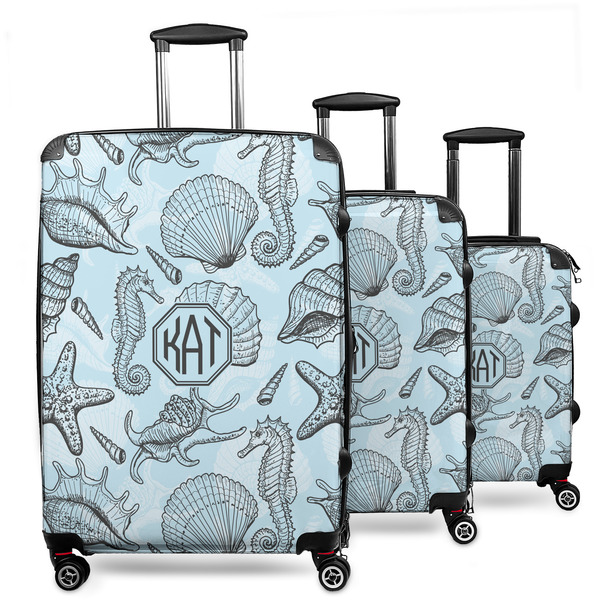 Custom Sea-blue Seashells 3 Piece Luggage Set - 20" Carry On, 24" Medium Checked, 28" Large Checked (Personalized)