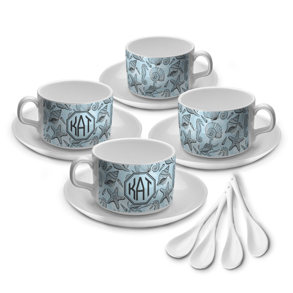 Custom Sea-blue Seashells Tea Cup - Set of 4 (Personalized)