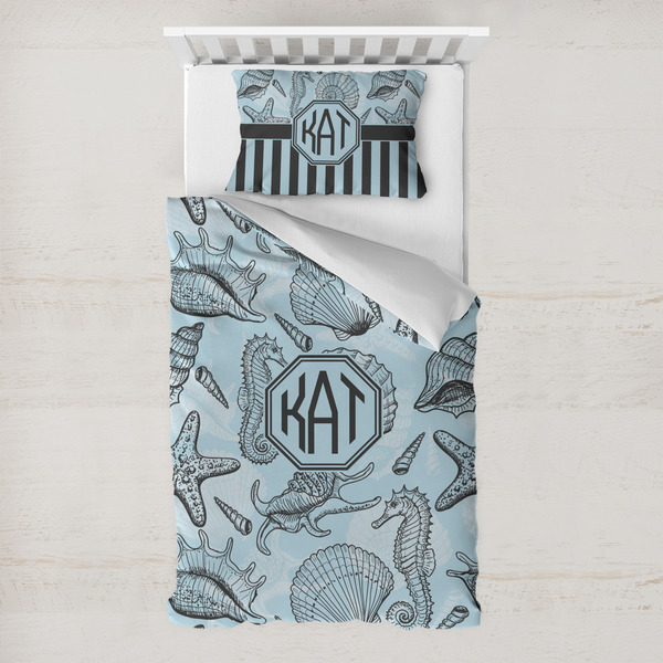 Custom Sea-blue Seashells Toddler Bedding w/ Monogram