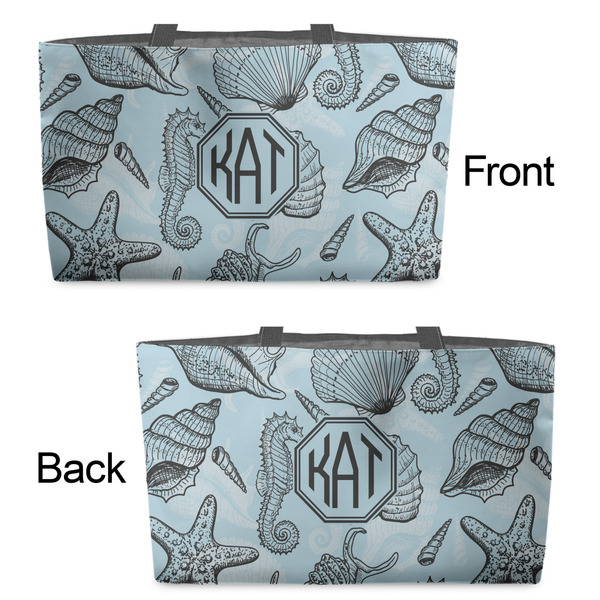 Sea-blue Seashells Tote w/Black Handles - Front & Back Views