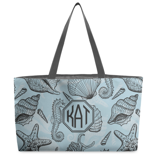 Custom Sea-blue Seashells Beach Totes Bag - w/ Black Handles (Personalized)