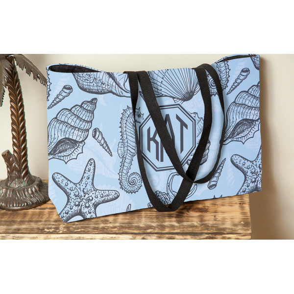 Sea-blue Seashells Tote w/Black Handles - Lifestyle View
