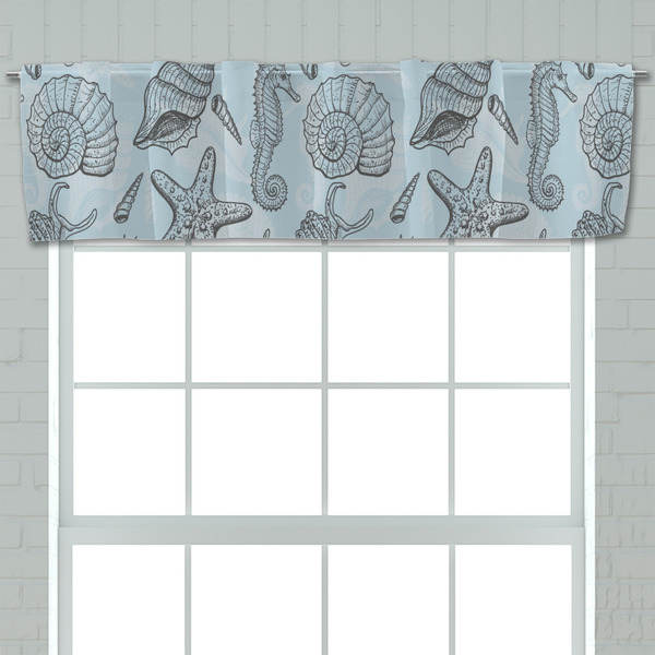 Sea-blue Seashells Valance - Closeup on window