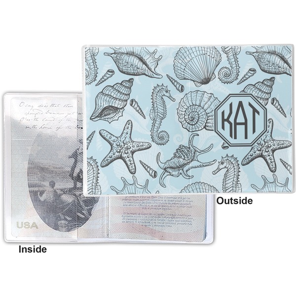 Sea-blue Seashells Vinyl Passport Holder - Flat Front and Back
