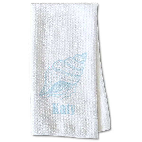 Custom Sea-blue Seashells Kitchen Towel - Waffle Weave - Partial Print (Personalized)
