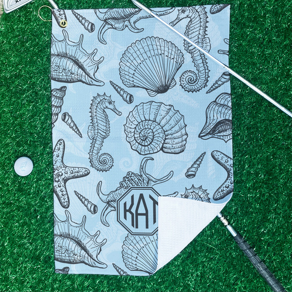 Sea-blue Seashells Waffle Weave Golf Towel - In Context