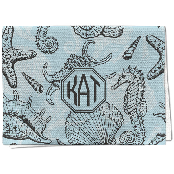 Custom Sea-blue Seashells Kitchen Towel - Waffle Weave - Full Color Print (Personalized)