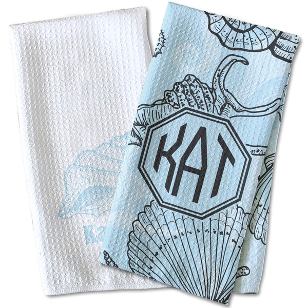 Sea-blue Seashells Waffle Weave Towels - Two Print Styles