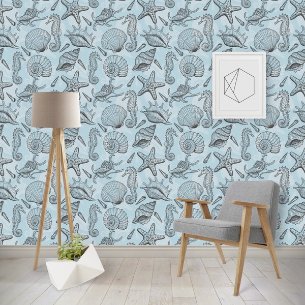 Custom Sea-blue Seashells Wallpaper & Surface Covering (Water Activated - Removable)