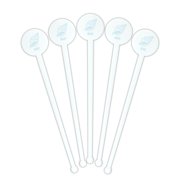 Sea-blue Seashells White Plastic 7" Stir Stick - Round - Fan View
