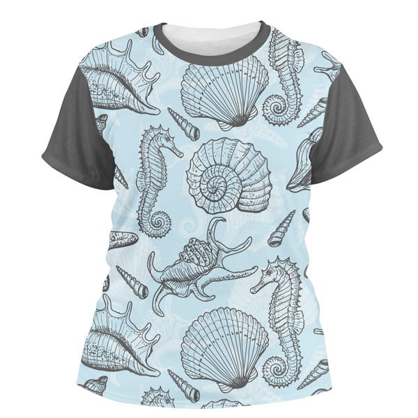 Custom Sea-blue Seashells Women's Crew T-Shirt - Large