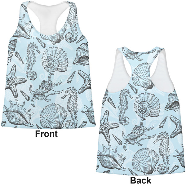 Sea-blue Seashells Womens Racerback Tank Tops - Medium - Front and Back