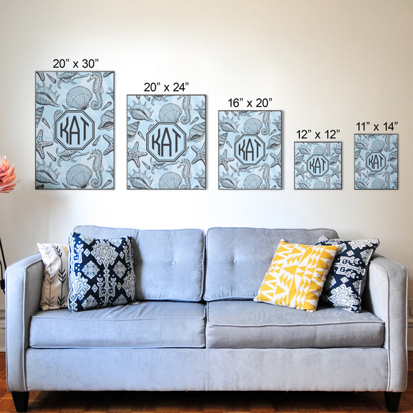 Sea-blue Seashells Wood Prints - Size Comparison