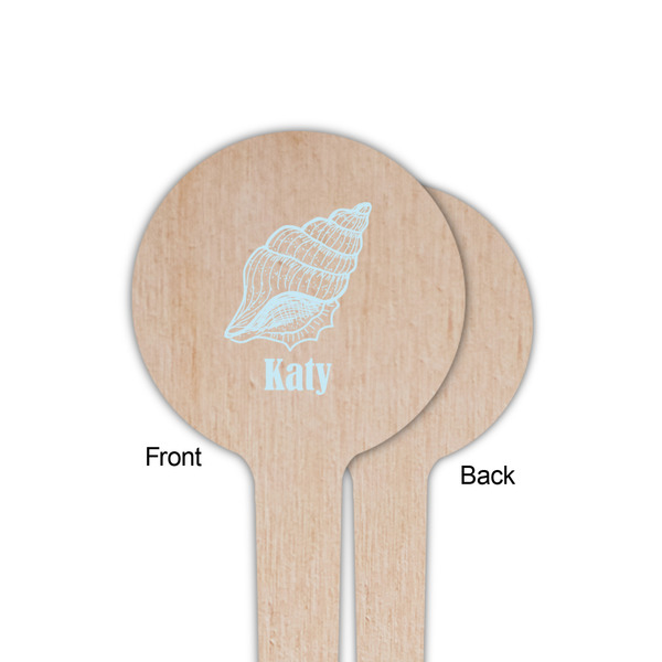 Sea-blue Seashells Wooden 4" Food Pick - Round - Single Sided - Front & Back