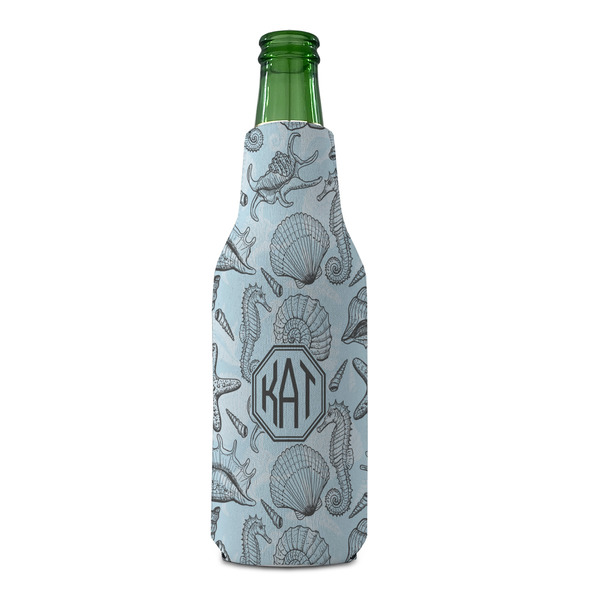 Sea-blue Seashells Zipper Bottle Cooler - FRONT (bottle)