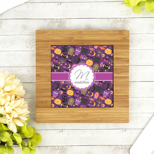 Halloween Bamboo Trivet with 6" Tile - LIFESTYLE