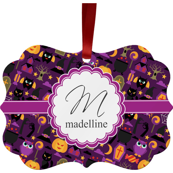 Custom Halloween Metal Frame Ornament - Double Sided w/ Name and Initial