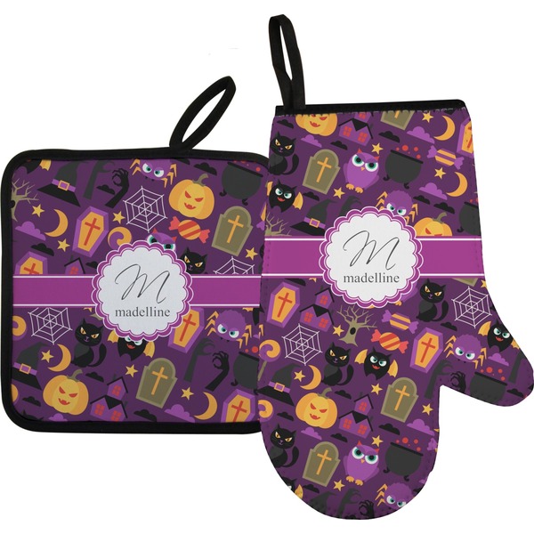 Custom Halloween Oven Mitt & Pot Holder Set w/ Name and Initial