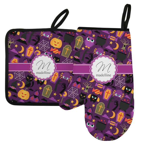 Custom Halloween Left Oven Mitt & Pot Holder Set w/ Name and Initial
