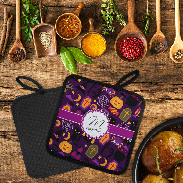 Halloween Neoprene Pot Holder - Set of 2  LIFESTYLE (Flatlay)