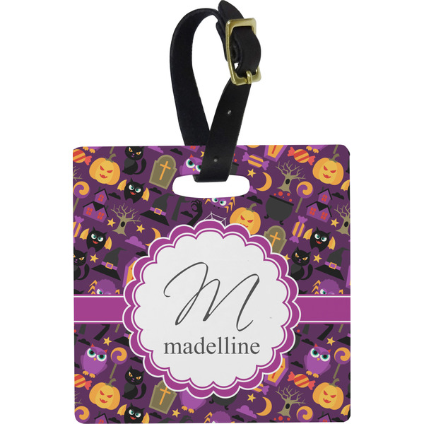 Custom Halloween Plastic Luggage Tag - Square w/ Name and Initial